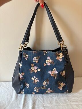 Coach Hallie Shoulder Bag Denim Floral Bouquet Print Navy Leather